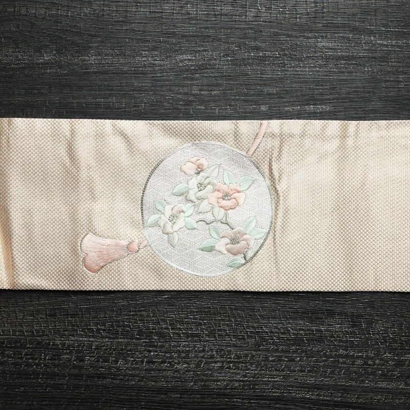 名古屋帯 太鼓柄 銀駒刺繍 正絹 花柄 名古屋仕立て 銀糸 刺繍 ピンク_画像11