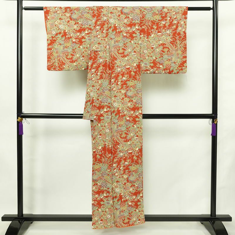 小紋 縮緬 正絹 花柄 袷仕立て 身丈154cm 裄丈65cm リサイクル着物 着物 橙_画像2