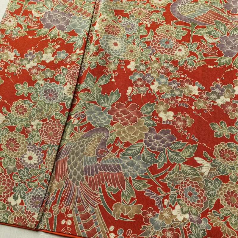 小紋 縮緬 正絹 花柄 袷仕立て 身丈154cm 裄丈65cm リサイクル着物 着物 橙_画像4