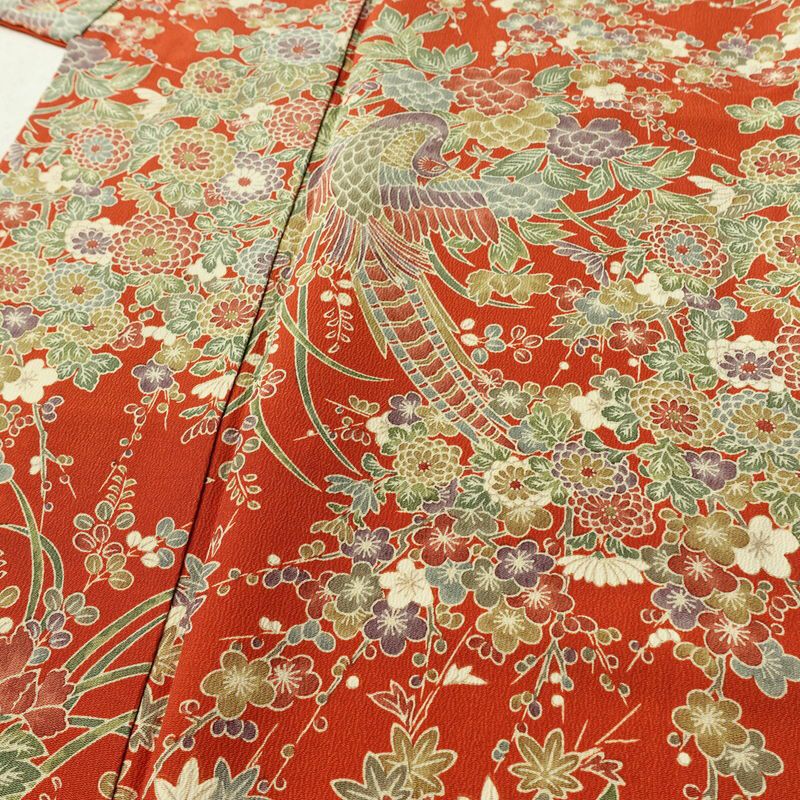小紋 縮緬 正絹 花柄 袷仕立て 身丈154cm 裄丈65cm リサイクル着物 着物 橙_画像5