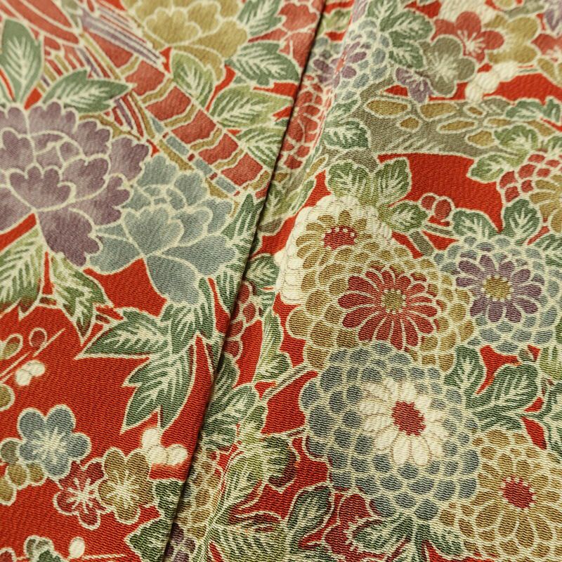 小紋 縮緬 正絹 花柄 袷仕立て 身丈154cm 裄丈65cm リサイクル着物 着物 橙_画像10