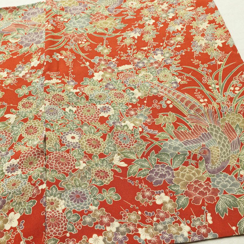 小紋 縮緬 正絹 花柄 袷仕立て 身丈154cm 裄丈65cm リサイクル着物 着物 橙_画像12