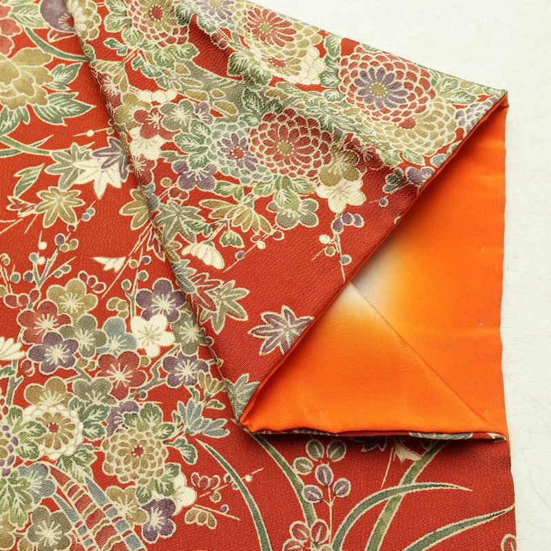 小紋 縮緬 正絹 花柄 袷仕立て 身丈154cm 裄丈65cm リサイクル着物 着物 橙_画像13