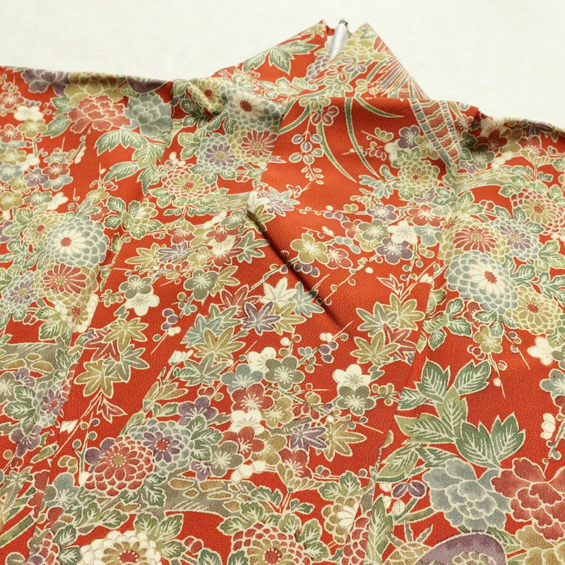 小紋 縮緬 正絹 花柄 袷仕立て 身丈154cm 裄丈65cm リサイクル着物 着物 橙_画像15