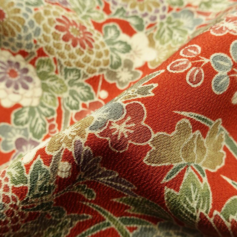 小紋 縮緬 正絹 花柄 袷仕立て 身丈154cm 裄丈65cm リサイクル着物 着物 橙_画像21