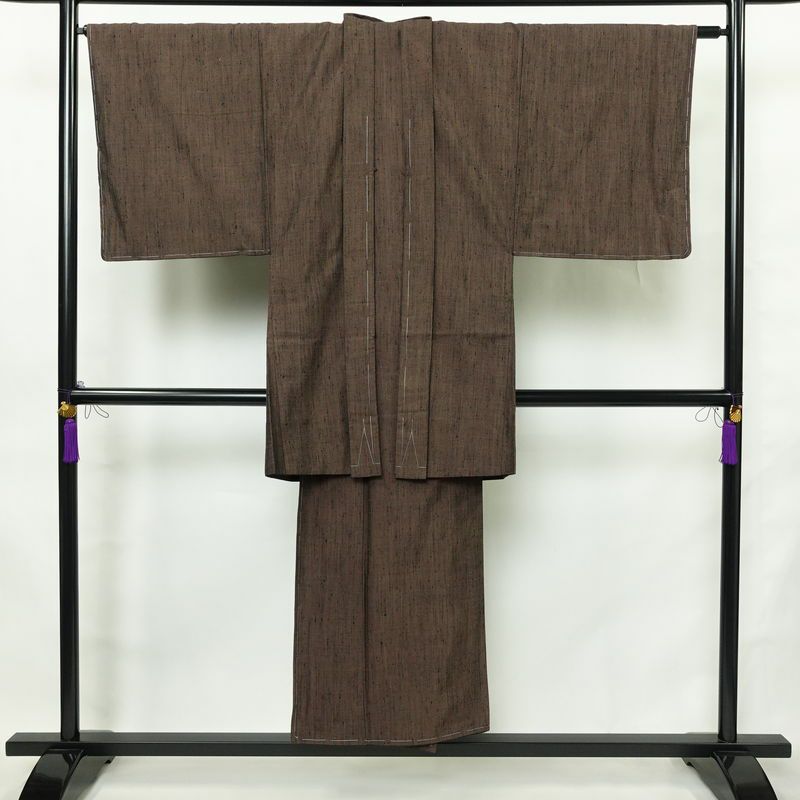 男性用 紬アンサンブル セット 着物 羽織 良品 しつけ糸付き アンサンブル 正絹 無地 袷仕立て 身丈148cm 裄丈71cm リサイクル着物 着物 金彩 茶_画像1