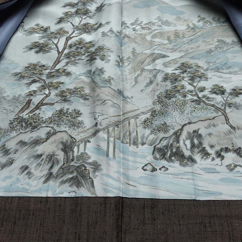 男性用 紬アンサンブル セット 着物 羽織 良品 しつけ糸付き アンサンブル 正絹 無地 袷仕立て 身丈148cm 裄丈71cm リサイクル着物 着物 金彩 茶_画像18