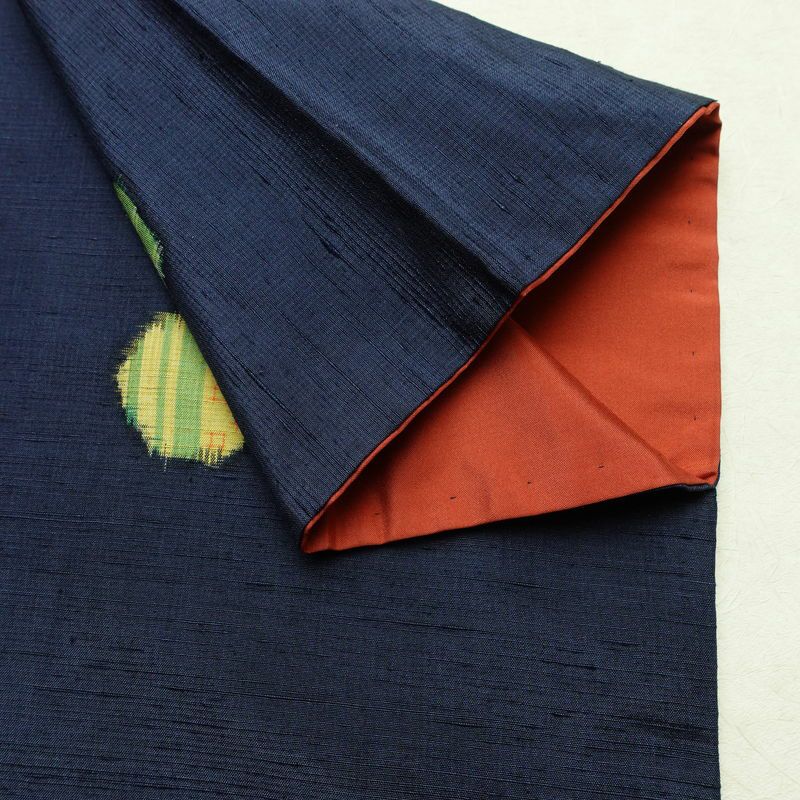 紬 正絹 その他の柄 袷仕立て 身丈153cm 裄丈63cm リサイクル着物 着物 りんご 林檎 青・紺_画像13