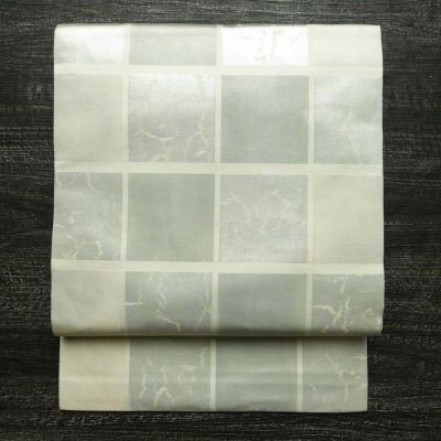 名古屋帯 六通柄 正絹 チェック・格子柄 名古屋仕立て なごや帯 リサイクル帯 帯 箔 クリーム 白