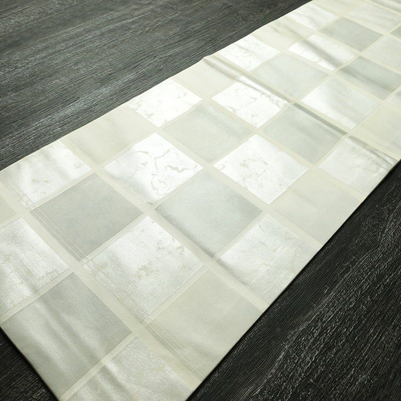 名古屋帯 六通柄 正絹 チェック・格子柄 名古屋仕立て なごや帯 リサイクル帯 帯 箔 クリーム 白_画像9