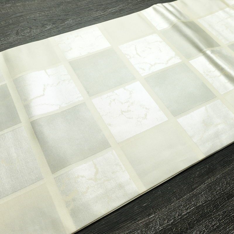 名古屋帯 六通柄 正絹 チェック・格子柄 名古屋仕立て なごや帯 リサイクル帯 帯 箔 クリーム 白_画像11