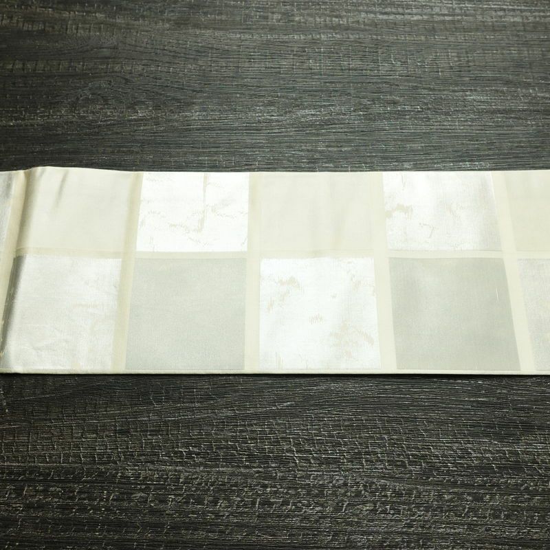 名古屋帯 六通柄 正絹 チェック・格子柄 名古屋仕立て なごや帯 リサイクル帯 帯 箔 クリーム 白_画像14