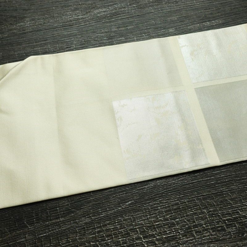 名古屋帯 六通柄 正絹 チェック・格子柄 名古屋仕立て なごや帯 リサイクル帯 帯 箔 クリーム 白_画像15