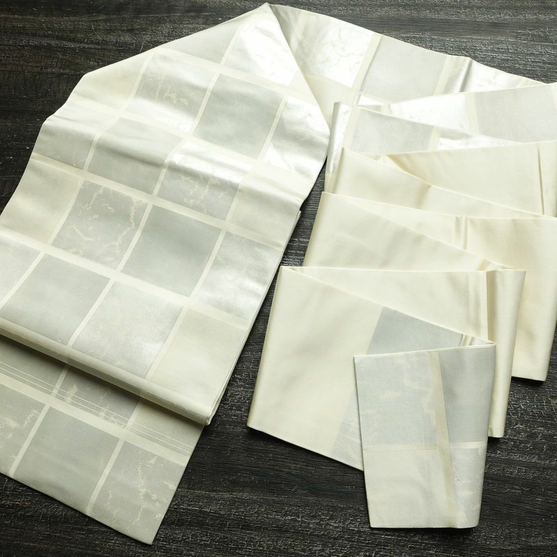 名古屋帯 六通柄 正絹 チェック・格子柄 名古屋仕立て なごや帯 リサイクル帯 帯 箔 クリーム 白_画像18