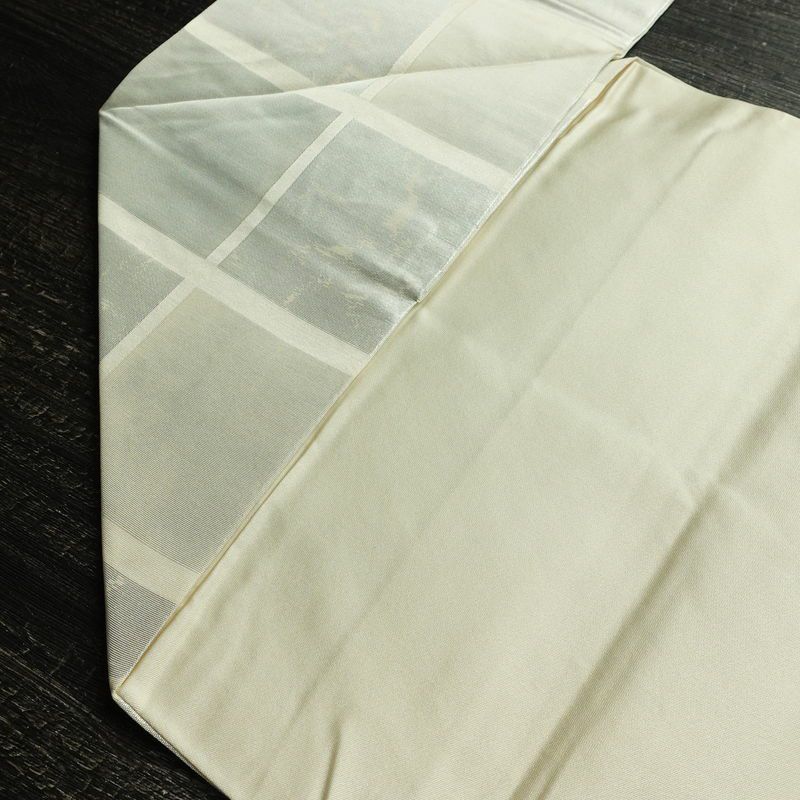 名古屋帯 六通柄 正絹 チェック・格子柄 名古屋仕立て なごや帯 リサイクル帯 帯 箔 クリーム 白_画像19