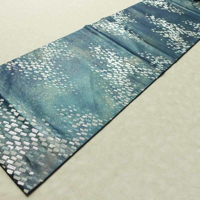 名古屋帯 太鼓柄 正絹 幾何学柄・抽象柄 名古屋仕立て なごや帯 リサイクル帯 帯 箔 おしゃれ 青・紺_画像9