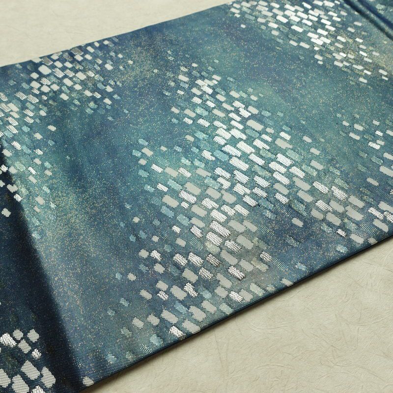 名古屋帯 太鼓柄 正絹 幾何学柄・抽象柄 名古屋仕立て なごや帯 リサイクル帯 帯 箔 おしゃれ 青・紺_画像12