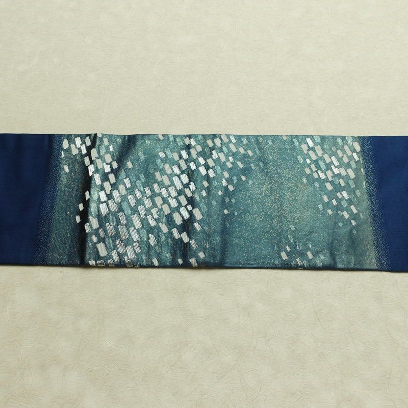 名古屋帯 太鼓柄 正絹 幾何学柄・抽象柄 名古屋仕立て なごや帯 リサイクル帯 帯 箔 おしゃれ 青・紺_画像15