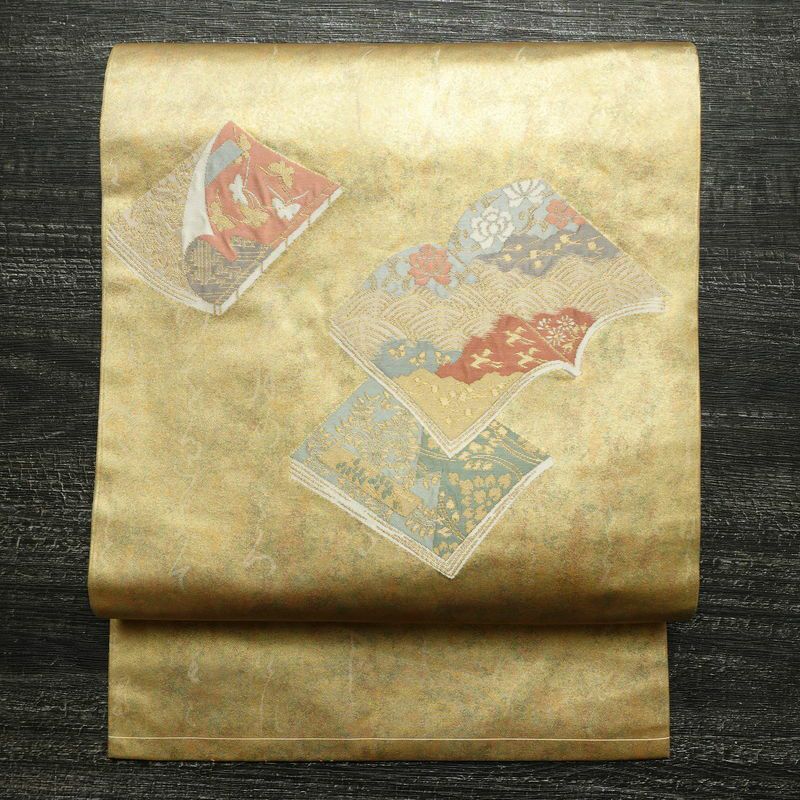 名古屋帯 太鼓柄 青銅箔 正絹 古典柄 名古屋仕立て なごや帯 リサイクル帯 帯 箔 金・銀_画像1