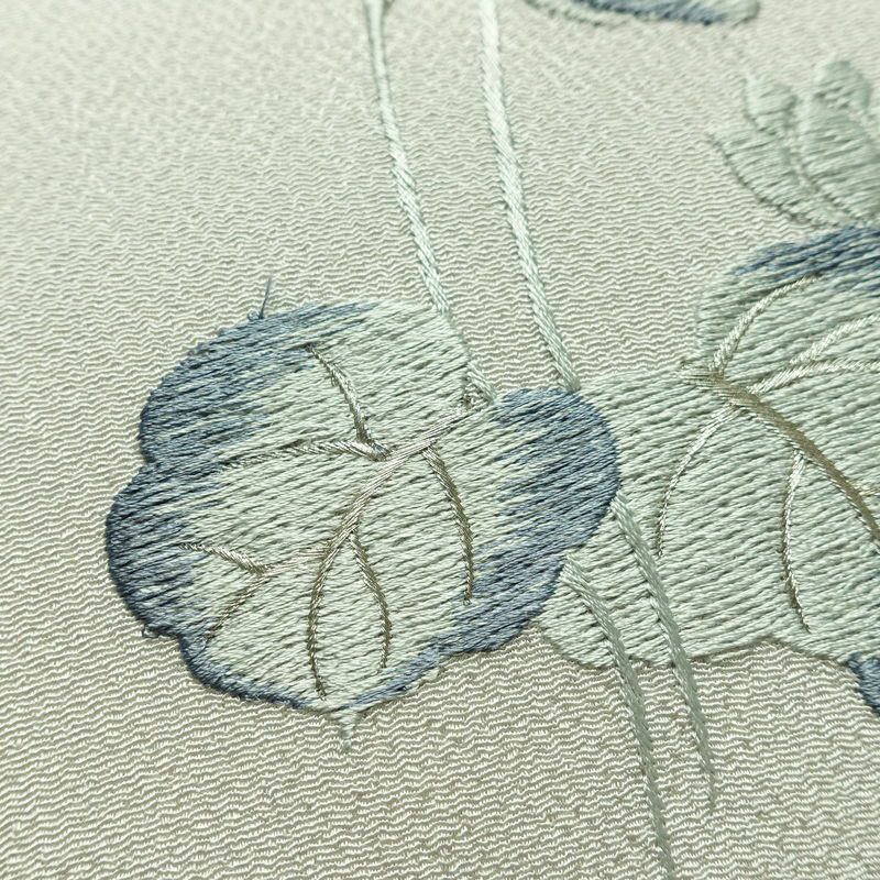 名古屋帯 太鼓柄 縮緬 正絹 木の葉・植物柄 名古屋仕立て なごや帯 リサイクル帯 帯 刺繍 銀糸 シンプル 上品 グレー_画像3