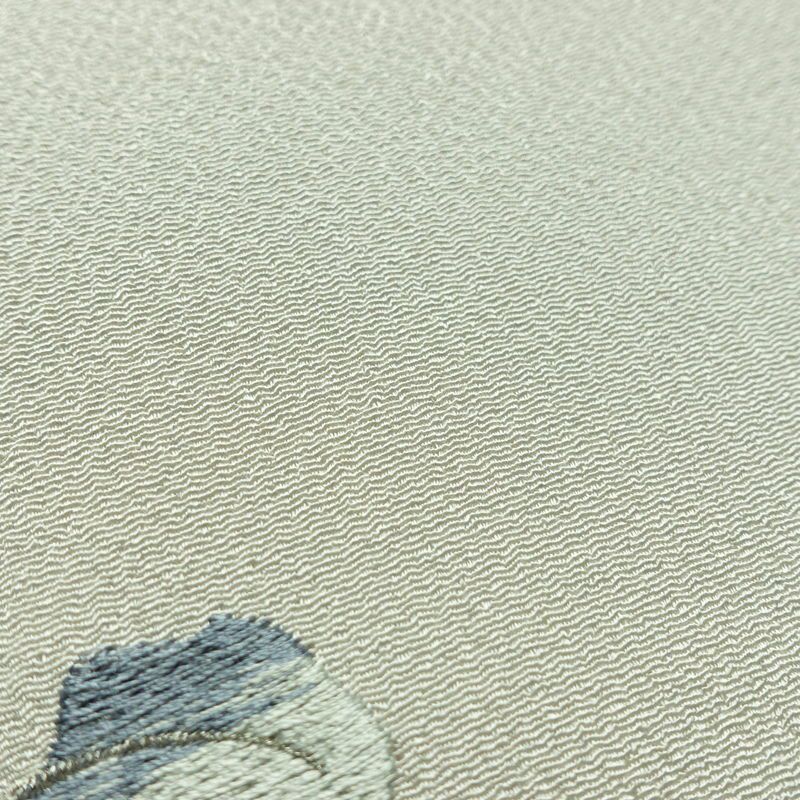 名古屋帯 太鼓柄 縮緬 正絹 木の葉・植物柄 名古屋仕立て なごや帯 リサイクル帯 帯 刺繍 銀糸 シンプル 上品 グレー_画像7