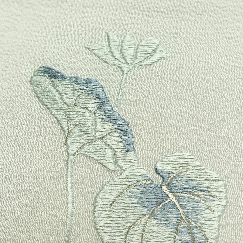 名古屋帯 太鼓柄 縮緬 正絹 木の葉・植物柄 名古屋仕立て なごや帯 リサイクル帯 帯 刺繍 銀糸 シンプル 上品 グレー_画像16