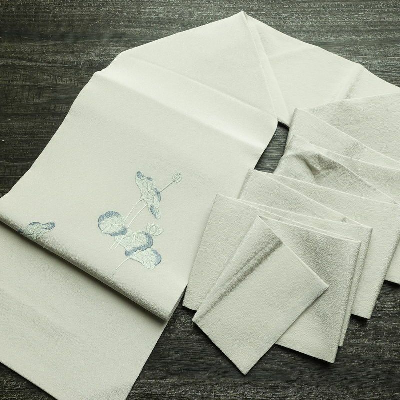 名古屋帯 太鼓柄 縮緬 正絹 木の葉・植物柄 名古屋仕立て なごや帯 リサイクル帯 帯 刺繍 銀糸 シンプル 上品 グレー_画像18