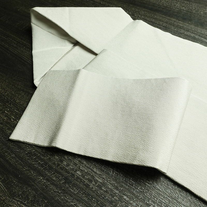 名古屋帯 太鼓柄 縮緬 正絹 木の葉・植物柄 名古屋仕立て なごや帯 リサイクル帯 帯 刺繍 銀糸 シンプル 上品 グレー_画像21