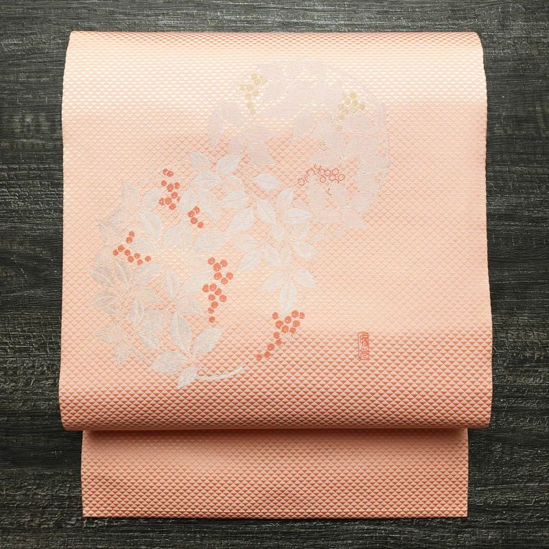 名古屋帯 太鼓柄 良品 正絹 木の葉・植物柄 名古屋仕立て なごや帯 リサイクル帯 帯 シンプル 上品 ピンク_画像1