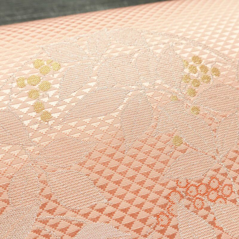 名古屋帯 太鼓柄 良品 正絹 木の葉・植物柄 名古屋仕立て なごや帯 リサイクル帯 帯 シンプル 上品 ピンク_画像5