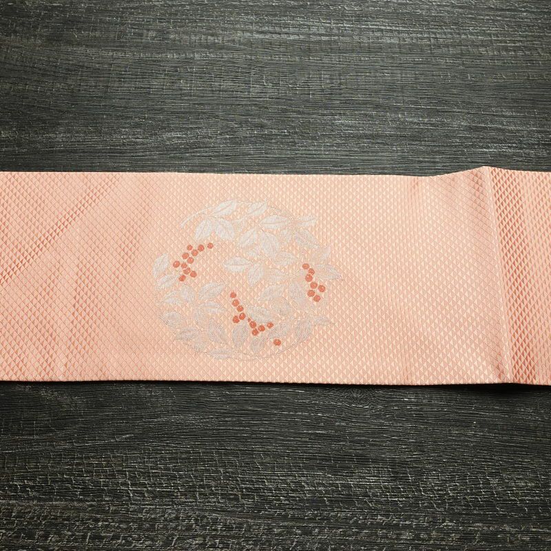 名古屋帯 太鼓柄 良品 正絹 木の葉・植物柄 名古屋仕立て なごや帯 リサイクル帯 帯 シンプル 上品 ピンク_画像14
