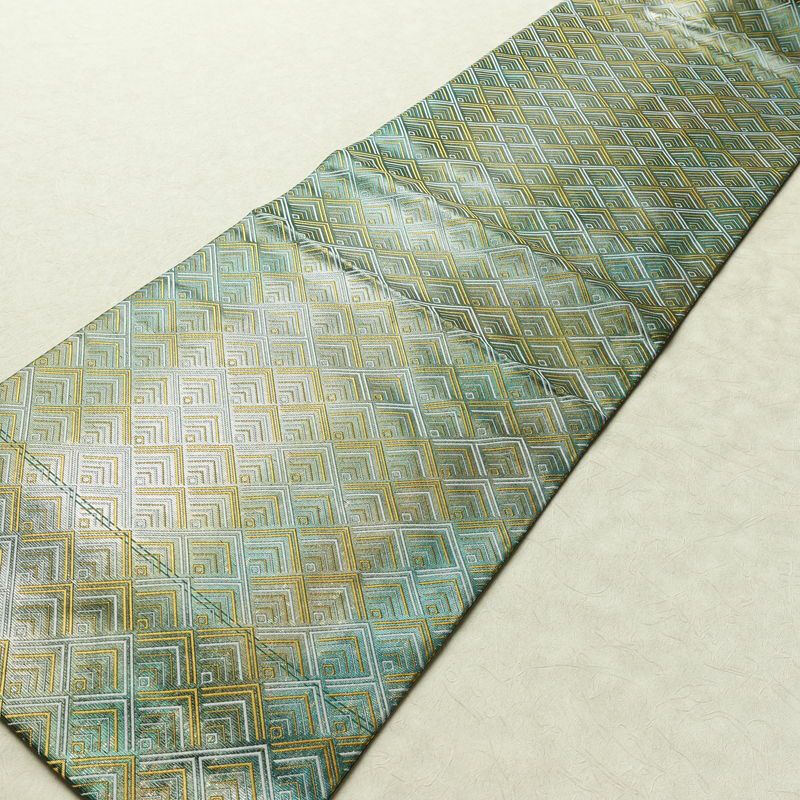 名古屋帯 太鼓柄 正絹 幾何学柄・抽象柄 名古屋仕立て なごや帯 リサイクル帯 帯 箔 緑・うぐいす色_画像9