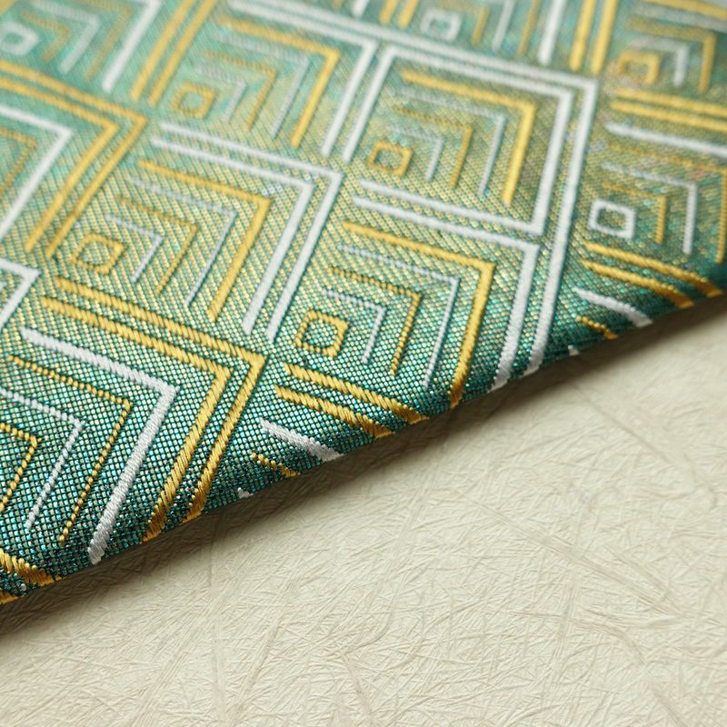 名古屋帯 太鼓柄 正絹 幾何学柄・抽象柄 名古屋仕立て なごや帯 リサイクル帯 帯 箔 緑・うぐいす色_画像13