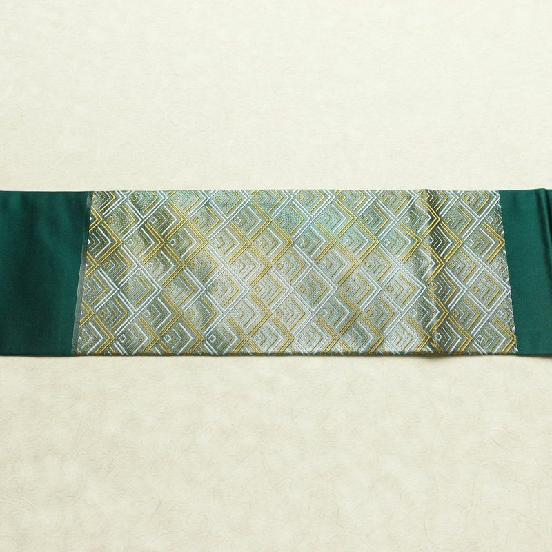 名古屋帯 太鼓柄 正絹 幾何学柄・抽象柄 名古屋仕立て なごや帯 リサイクル帯 帯 箔 緑・うぐいす色_画像14