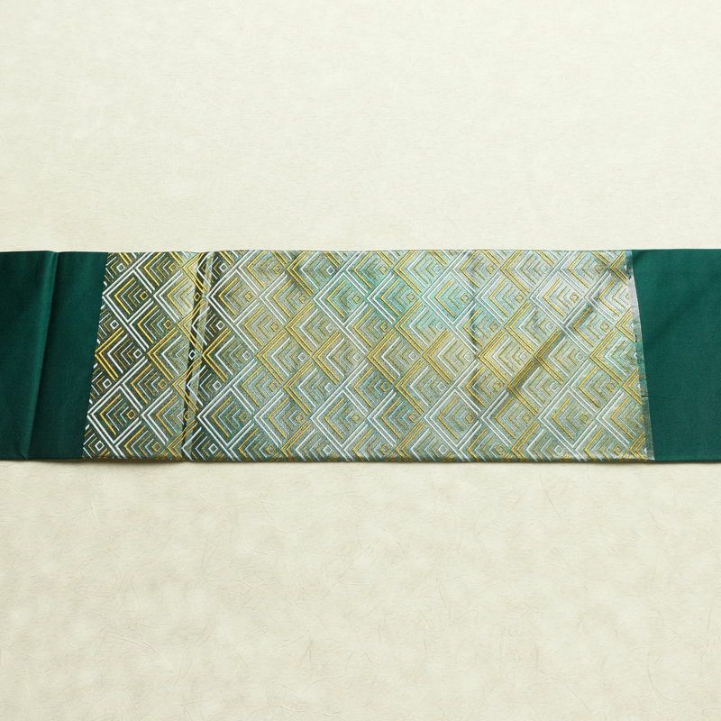 名古屋帯 太鼓柄 正絹 幾何学柄・抽象柄 名古屋仕立て なごや帯 リサイクル帯 帯 箔 緑・うぐいす色_画像15
