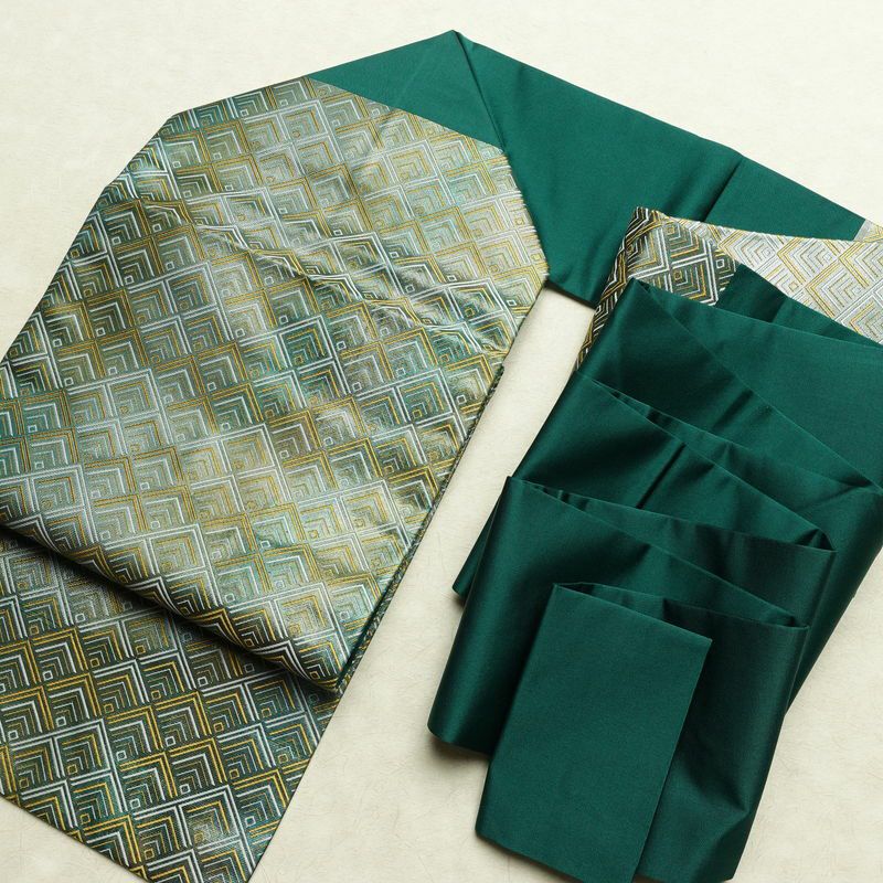 名古屋帯 太鼓柄 正絹 幾何学柄・抽象柄 名古屋仕立て なごや帯 リサイクル帯 帯 箔 緑・うぐいす色_画像17