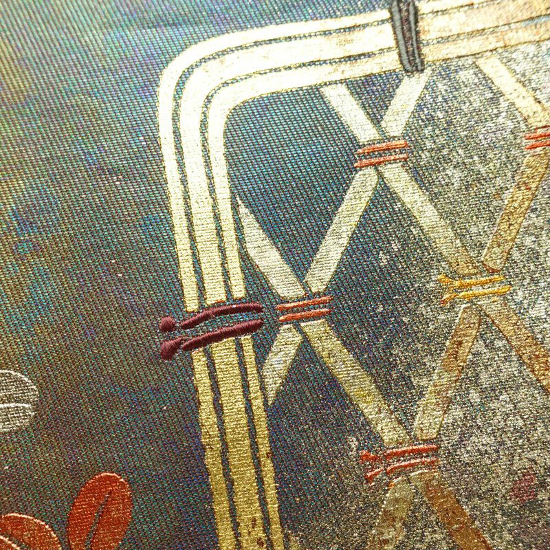 名古屋帯 太鼓柄 正絹 木の葉・植物柄 名古屋仕立て なごや帯 リサイクル帯 帯 箔 蘇芳香 ピンク_画像3