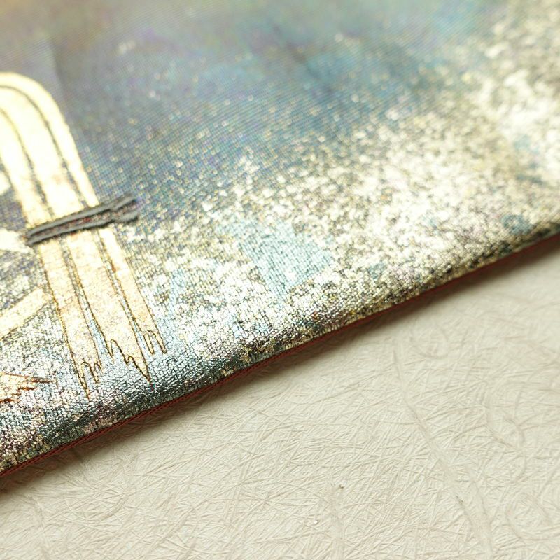 名古屋帯 太鼓柄 正絹 木の葉・植物柄 名古屋仕立て なごや帯 リサイクル帯 帯 箔 蘇芳香 ピンク_画像13