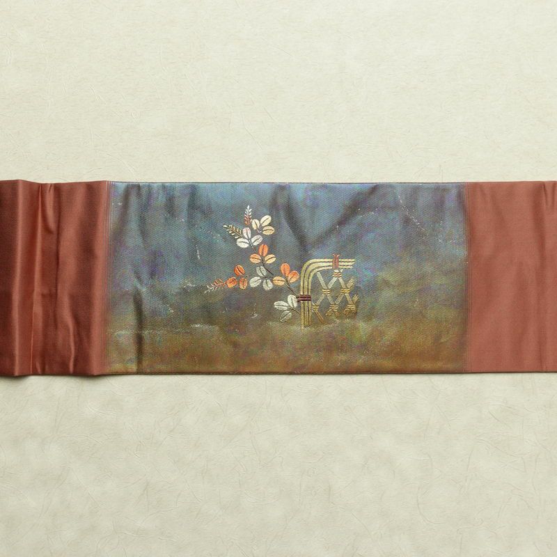 名古屋帯 太鼓柄 正絹 木の葉・植物柄 名古屋仕立て なごや帯 リサイクル帯 帯 箔 蘇芳香 ピンク_画像15