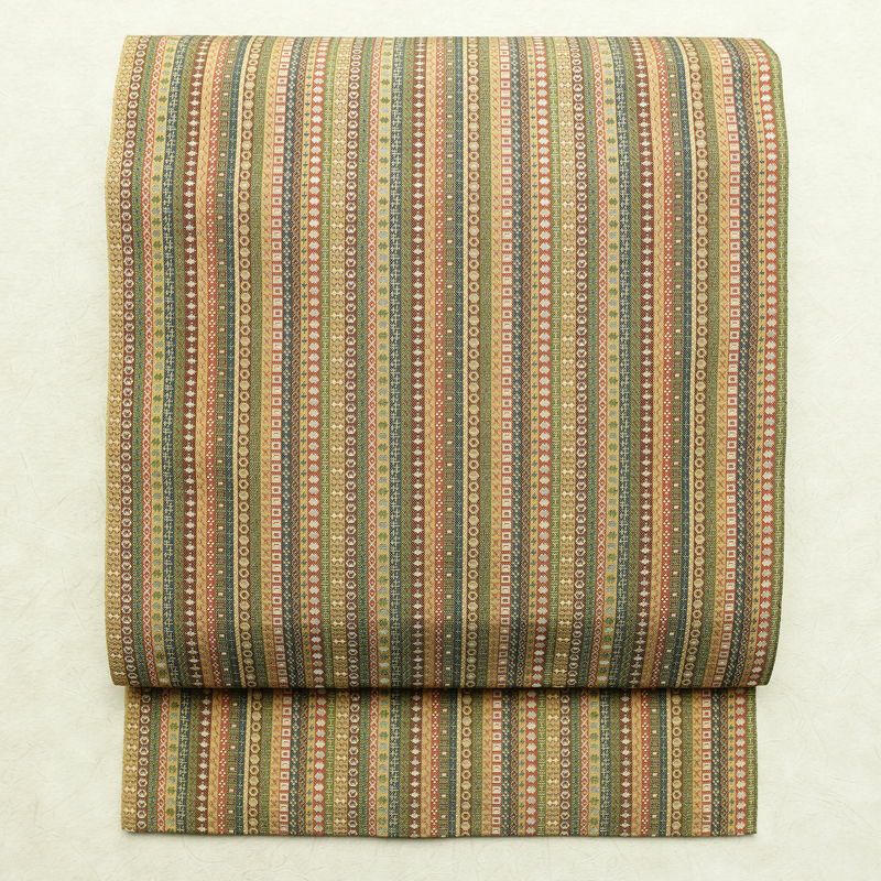 名古屋帯 全通柄 美品 正絹 縞柄・線柄 通し仕立て なごや帯 リサイクル帯 帯 カジュアル 多色使い