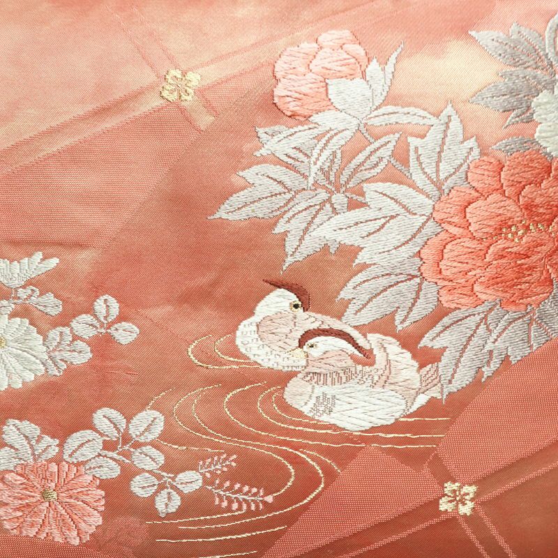 名古屋帯 太鼓柄 正絹 花柄 名古屋仕立て なごや帯 リサイクル帯 帯 箔 金糸 菊 ピンク_画像2