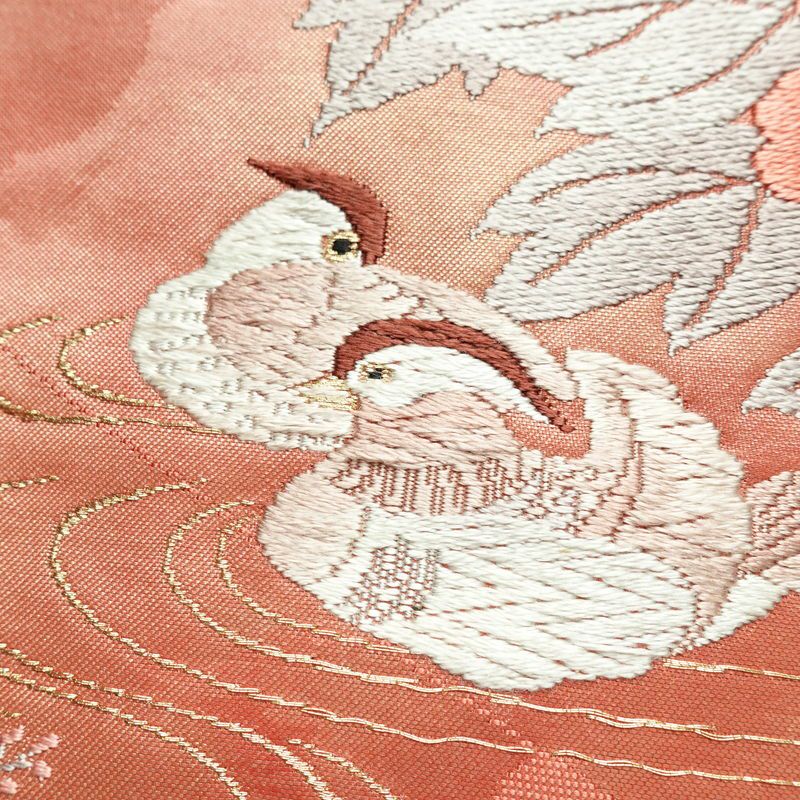 名古屋帯 太鼓柄 正絹 花柄 名古屋仕立て なごや帯 リサイクル帯 帯 箔 金糸 菊 ピンク_画像3