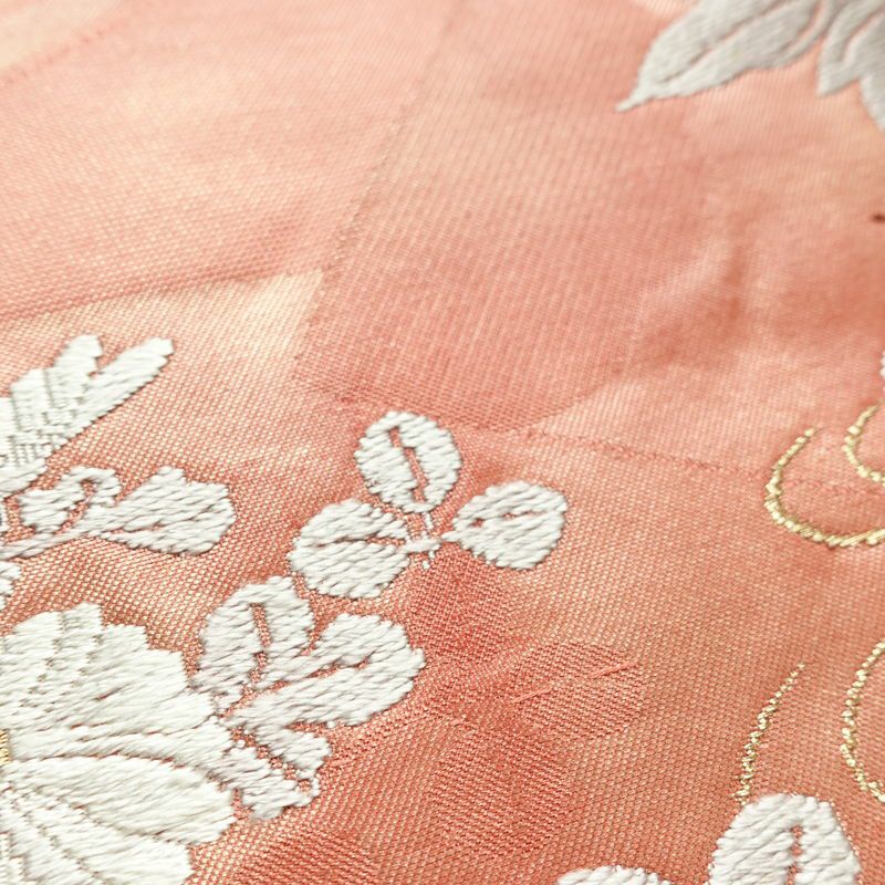 名古屋帯 太鼓柄 正絹 花柄 名古屋仕立て なごや帯 リサイクル帯 帯 箔 金糸 菊 ピンク_画像6