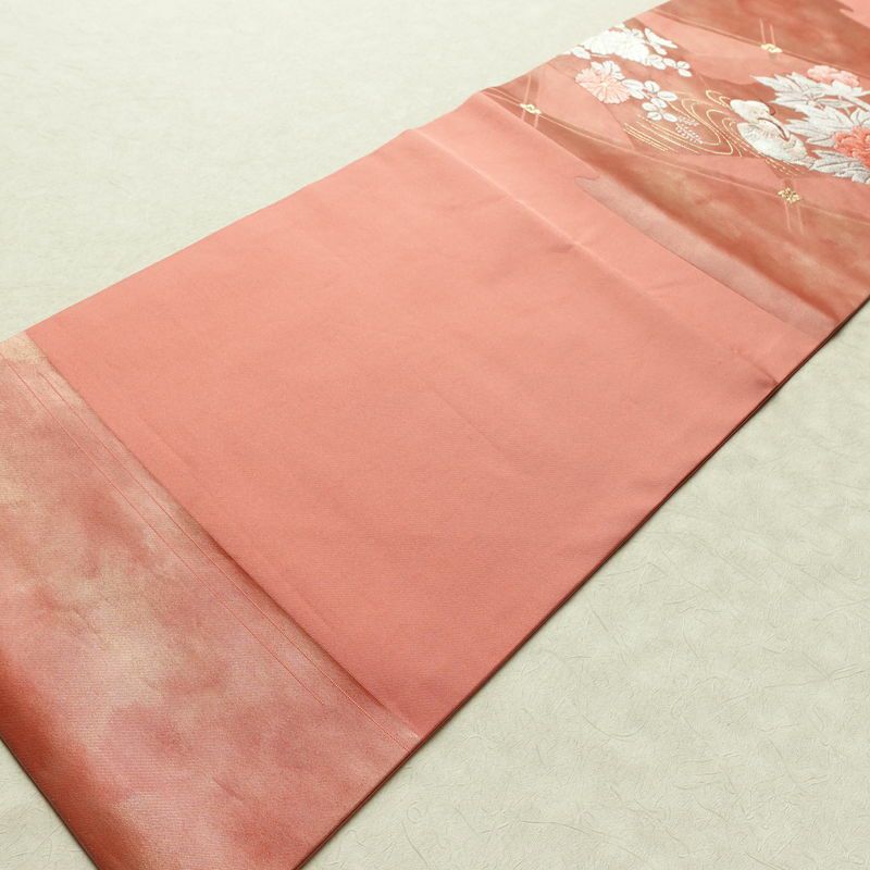 名古屋帯 太鼓柄 正絹 花柄 名古屋仕立て なごや帯 リサイクル帯 帯 箔 金糸 菊 ピンク_画像8