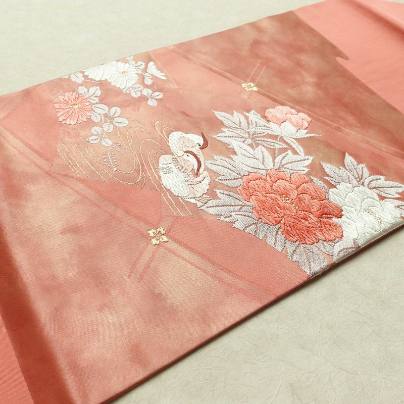 名古屋帯 太鼓柄 正絹 花柄 名古屋仕立て なごや帯 リサイクル帯 帯 箔 金糸 菊 ピンク_画像11