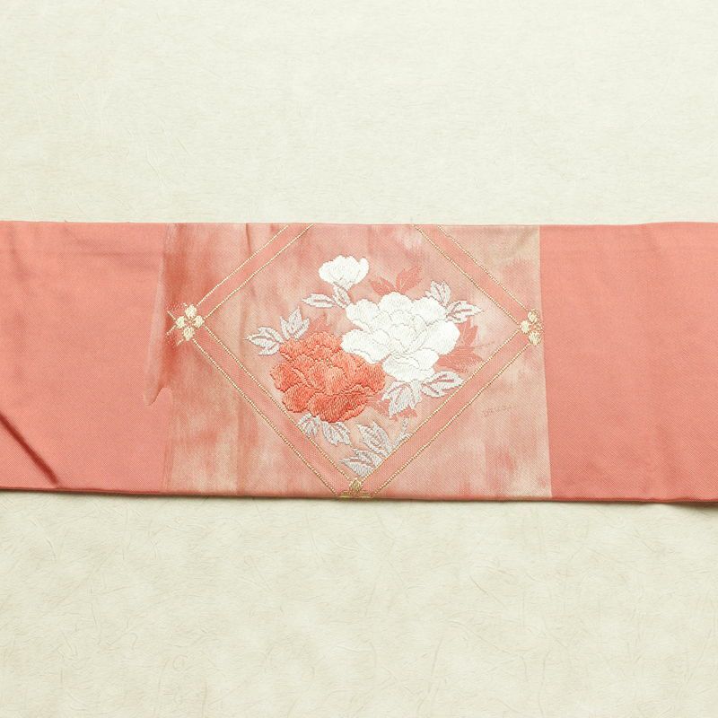 名古屋帯 太鼓柄 正絹 花柄 名古屋仕立て なごや帯 リサイクル帯 帯 箔 金糸 菊 ピンク_画像13