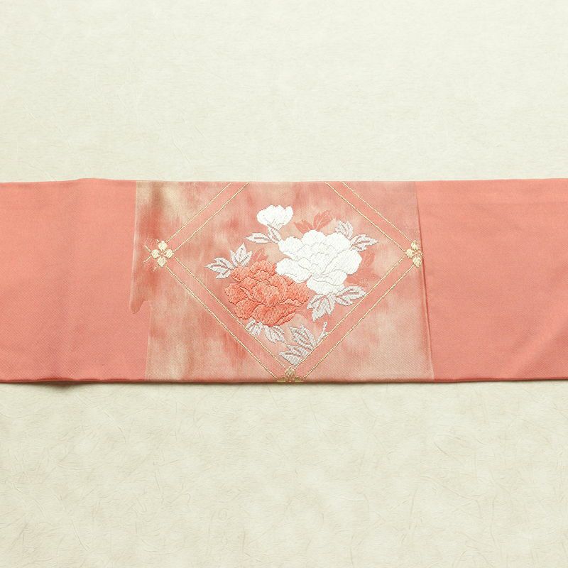 名古屋帯 太鼓柄 正絹 花柄 名古屋仕立て なごや帯 リサイクル帯 帯 箔 金糸 菊 ピンク_画像14