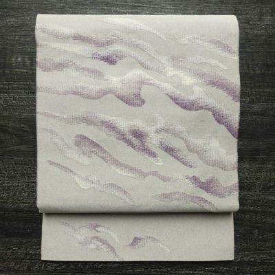 名古屋帯 太鼓柄 正絹 幾何学柄・抽象柄 通し仕立て なごや帯 リサイクル帯 帯 銀通し 紫・藤色