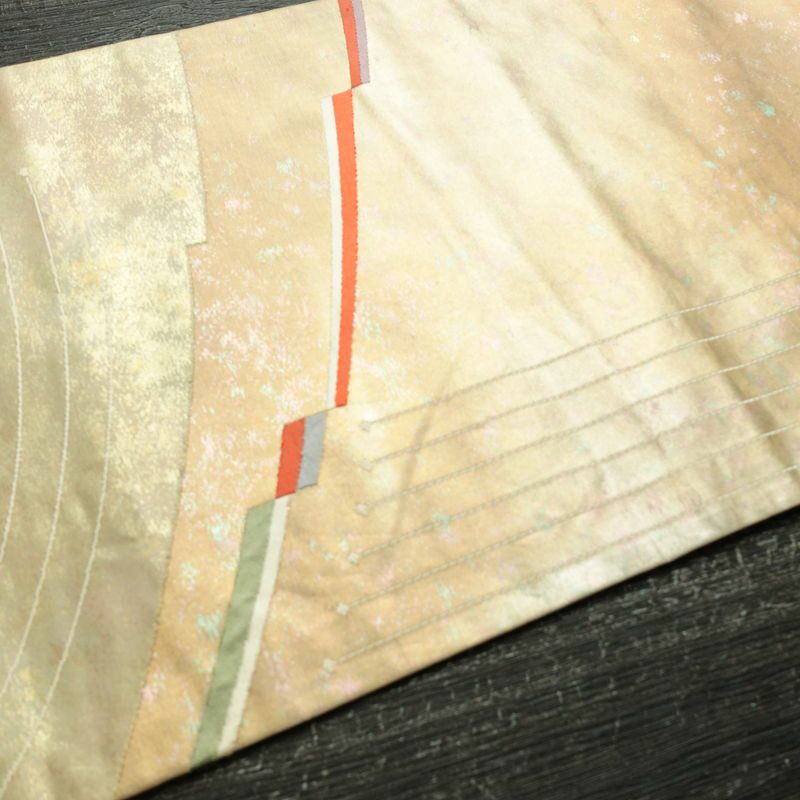 名古屋帯 太鼓柄 正絹 幾何学柄・抽象柄 名古屋仕立て なごや帯 リサイクル帯 帯 箔 ベージュ_画像10