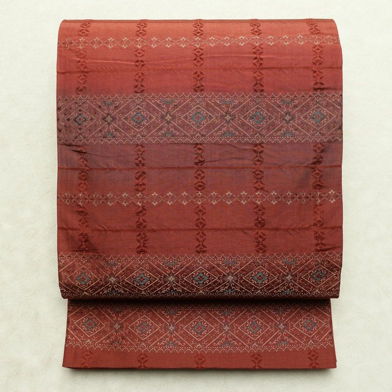 袋帯 全通柄 一般用 正絹 幾何学柄・抽象柄 リサイクル帯 帯 モダン 小豆・エンジ_画像1